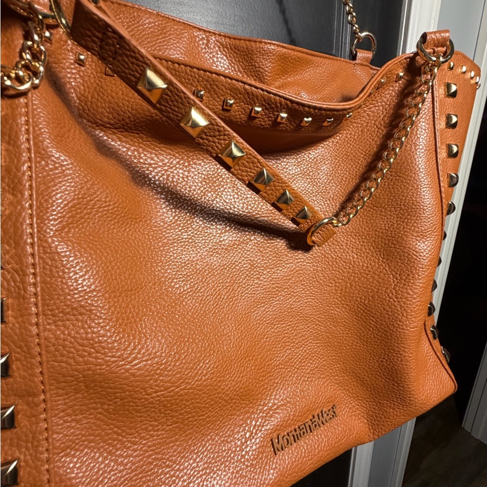 Montana West Large Tan Tote With Gold Tone Chain Straps and Studded Accents - Picture 9 of 15